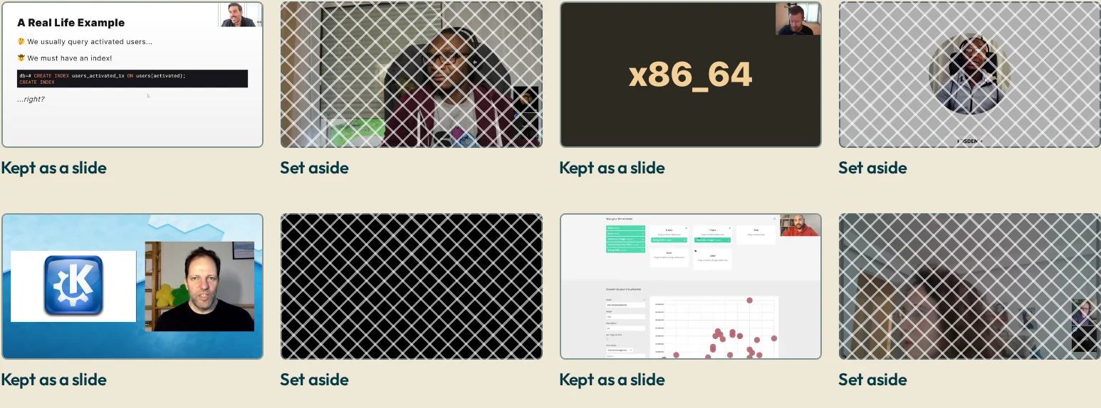 Eight frames from real talks: the four slides are kept and the four camera or blank frames are set aside.